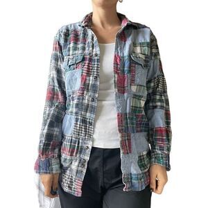 Vintage 70s Eddie Bauer Patches Button Down Shirt Size M Long Sleeve Chambray